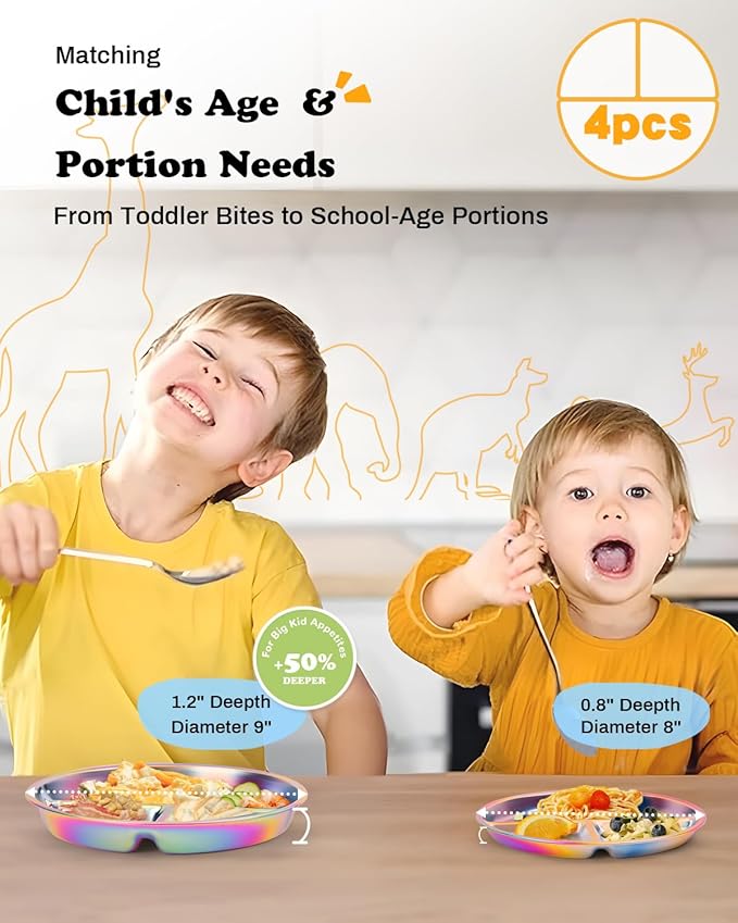 Stainless Steel Kids Plates 4 Packs, 8" Divided Toddlers Portion Control Plate, Non Toxic & BPA Free |Unbreakable |Dishwasher Safe Baby Snack Dish for Daycare, Colorful Meal Time Chums