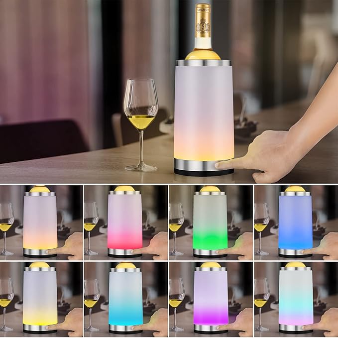Elrigs Wine Chiller with Rechargeable RGB Touch Lamp| Wine Bottle Cooler Bucket| Double Walled Insulator with 2 Ice Pack for 750ml Champagne| Perfect Wine Gifts| Wine Accessories for Party/Dinner
