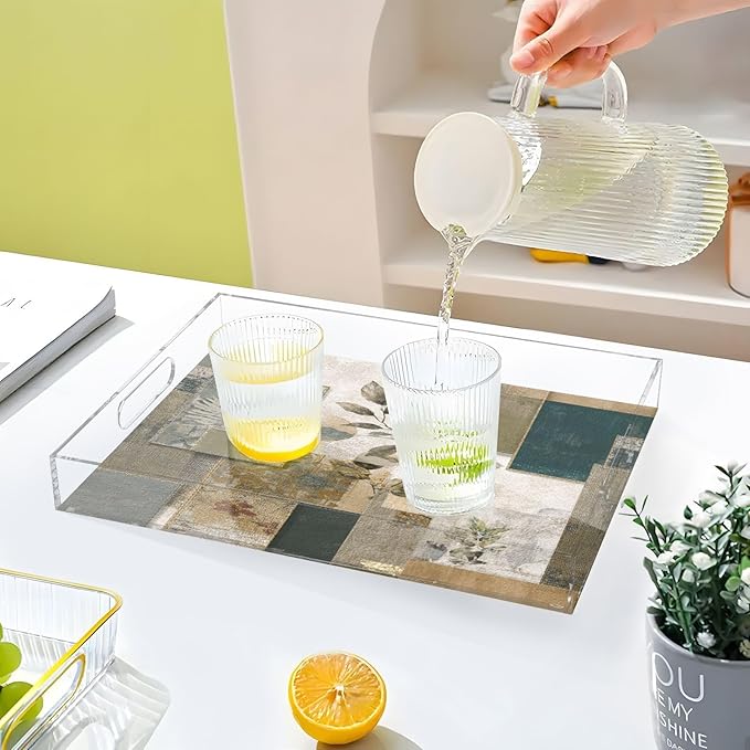 Serving Tray with Handles Clear Acrylic Tray 12x16 Inch Decorative Rectangular Tray Organizer for Ottoman Coffee Table Bathroom Dark Green Bohemian Leaves