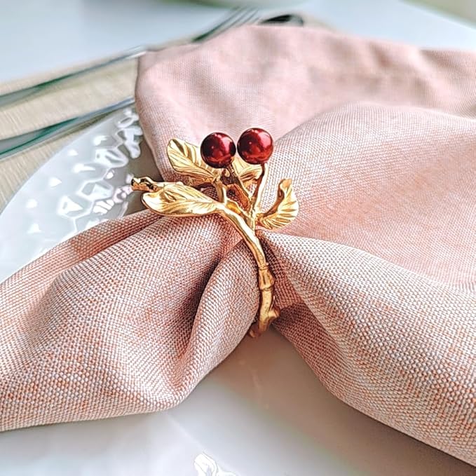 Elegant Rose Gold Berry Napkin Ring Set - 6 Piece Set for Formal Dining and Special Occasions