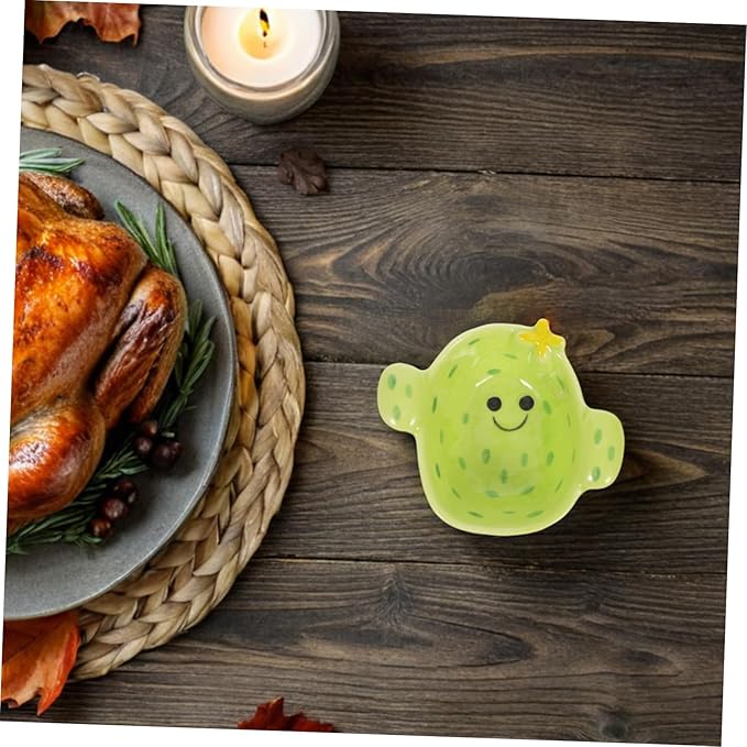 Cute Cactus Ceramic Dipping Sauce Dish Small Cartoon Plate for Appetizers Food-Grade Matte Finish for Boys and Girls and Parties