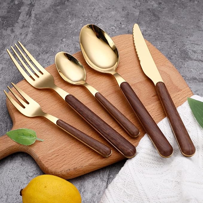 Gold Wood Silverware Set for 14 Durable Stainless Steel Flatware Set 70 Piece Wooden Grain Cutlery Tableware Utensils Set for Home Kitchen Wedding Restaurant Knifes Forks and Spoons