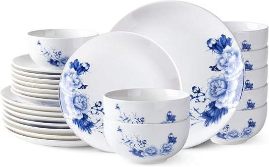 LERATIO Ceramic Dinnerware Sets for 8,Blue and White Plates and Bowls Set,Highly Chip and Crack Resistant | Dishwasher & Oven & Microwave Safe | Round Dishes Set Service for 8(24pc) - Peony