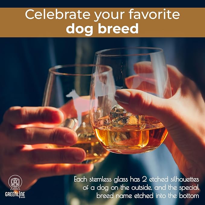 Doberman Stemless Wine Glasses (Set of 2) | Unique Gift for Dog Lovers | Hand Etched with Breed Name on Bottom