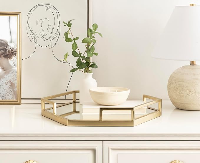 Kate and Laurel Gohana Mirrored Hexagon Tray with Gold Metal Handles, 16 x 18, Mirrored Glass and Gold, Modern Glam Serving Tray with Handles for Living Room Decor
