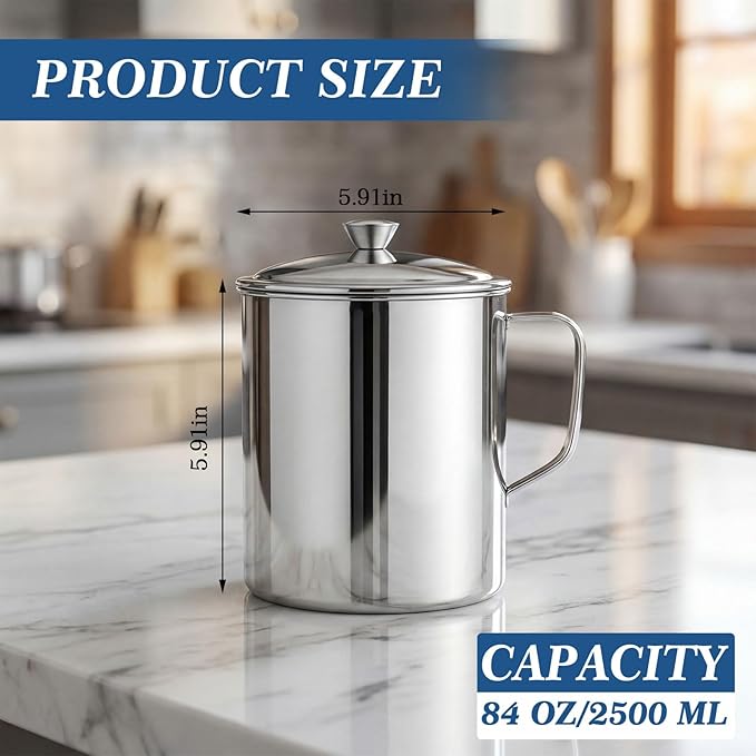 2 Pack Stainless Steel Pitcher with Lid, 2.5 Liters/ 84 oz Large Capacity Water Jug with Handle, Portable Measuring Cup Metal Mug for Milk Frothing, Tea, Coffee, Dishwasher Safe