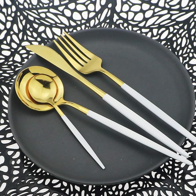 Shiny Silverware Sets, 24-Piece Elegant Cute White Handle Gold Cutlery set,304 Stainless Steel Silverware Set for Eating Home Kitchen Hotel Restaurant, Sets for 6 People, Dishwasher Safe