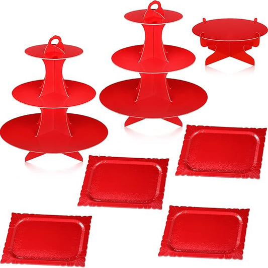 Zopeal 7 Pcs Dessert Table Display Set 3-Tier Cupcake Stand 1-Tier Cup Cake Display Tower Platters and Serving Trays Cardboard Cake Cookie Holders for Wedding Birthday Party Baby Shower(Red)