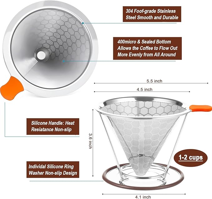 Pour Over Coffee Dripper, Stainless Steel Filter, Easy to Clean Paperless Pour Over Coffee Maker,Reusable Filter, Cone Dripper with Removable Cup Stand