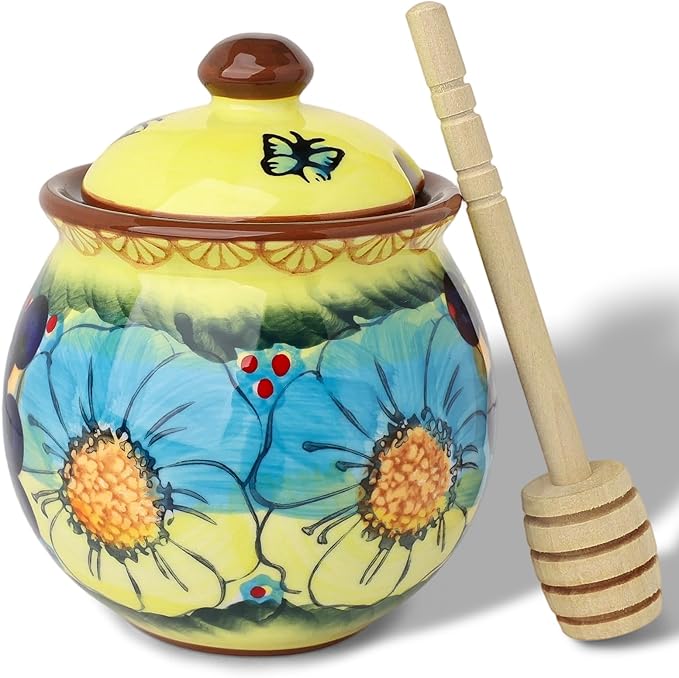 silesia Handmade Ceramic Honey Jar with Lid, 8 oz Floral Design Honey Pot with Dipper, Hand-Painted Honey Containers for Honey, Jam, or Syrup, Dishwasher Safe (Glazed Yellow)
