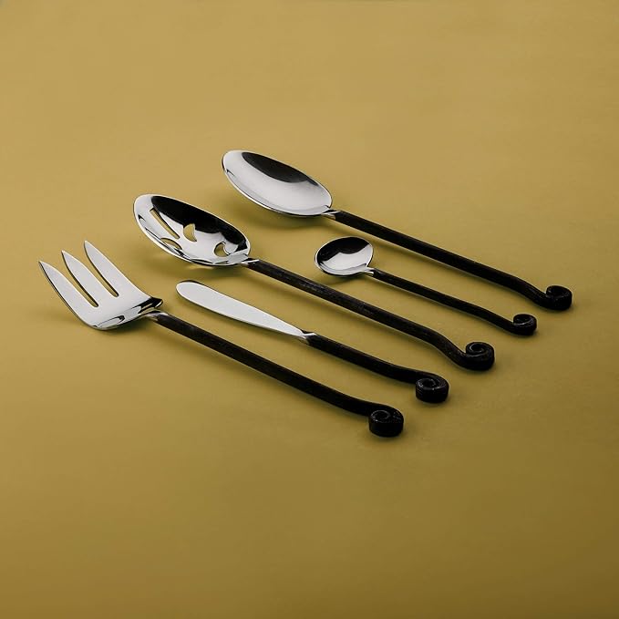 Gourmet Settings - 5-Pieces Hostess Silverware - Treble Clef Collection - Matte/Polished Metal Flatware Serving Set - Stainless Steel Kitchen Utensils Knife/Fork/Spoons - Dishwasher Safe (34-033)