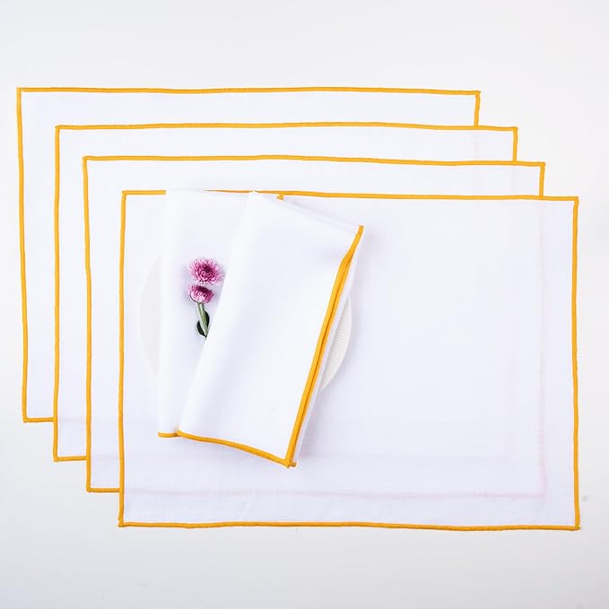 D'Moksha Homes White Linen Placemats with Yellow Embroidered Trim, Set of 4-14 x 19 Inch, 100% Pure Linen Cloth Placemats White & Yellow for Dining, Christmas, Holiday, New Year - Machine Washable