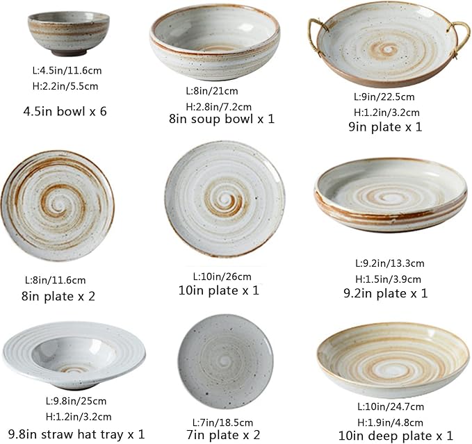 Dinnerware Sets, Porcelain Bowls and Plates Sets, Ceramic Dinnerware Set Retro, 16 Pcs Stoneware Dishes Set for 4, Plate/Bowl Tableware Combination Set for Family Party