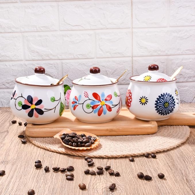 Ceramic Sugar Bowls with Spoons, Salt Jar Seasoning Container with Lid for Home and Kitchen (XYH)