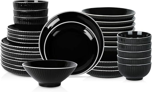 Christian Siriano Lustra Modern 32-Piece Stoneware Dinnerware Set, Plates and Bowls Set, Dinner and Salad Plates, Ramen Bowls, Dishes for 8, Black