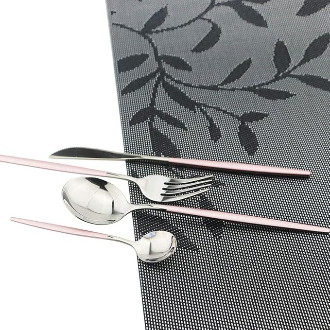 JASHII 24pc Titanium Pink Plated Stainless Steel Flatware Set, Pink Handle Silver Mouth Cutlery Service for 6