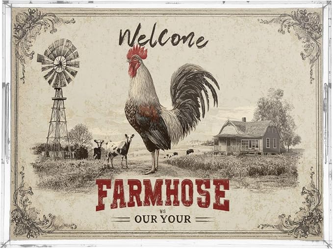 Serving Tray with Handles Clear Acrylic Tray 12x16 Inch Decorative Rectangular Tray Organizer for Ottoman Coffee Table Bathroom Rooster Farmhouse Cow