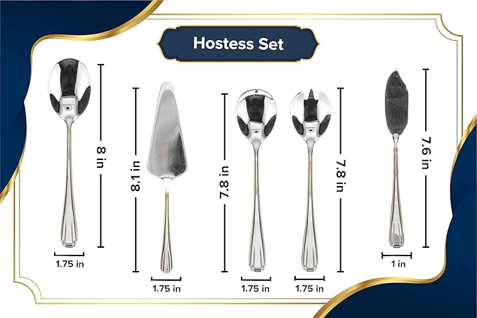 5 Piece Hostess Set - Serving Utensil Set - 18/10 Stainless Steel Silverware - Luxurious Handle with Gold Detailing - Elegant Silver and Gold Flatware Hostess Serveware (5, Verona)
