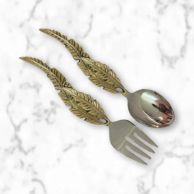 Gold Salad Serving Spoon and Fork Set – Stainless Steel with Decorative Leaf Handle – Elegant 2-Piece Flatware Set for Salad, Pasta, Fruits (10" inches)