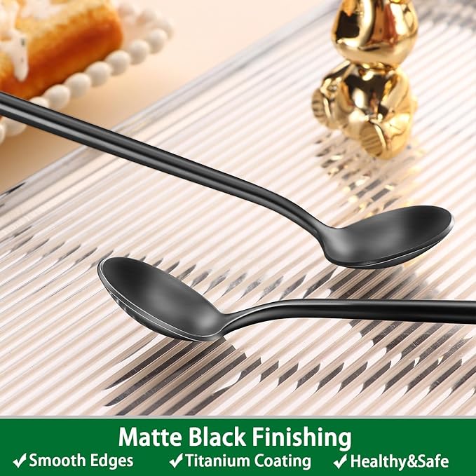7.95 Inch Matte Black Iced Tea Spoons,4 PCs Sturdy Long Spoon For Stirring Coffee,Cocktail,Milk,Dessert,SS18/10 Satin Black Long Handle Iced Teaspoons For Mixing