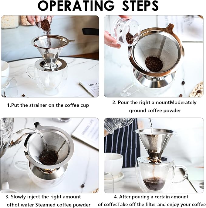 Pour Over Coffee Dripper Stainless Steel Coffee Filter Cone Coffee Filters Double Mesh Design Reusable