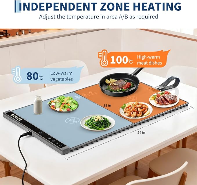 GarveeHome Food Warming Mat for Countertop, 24x15 Inch Dual Zone Electric Warming Tray with Timer & 6 Temp Settings, Portable Food Warmer for Parties Buffets Home Daily Use, Grey