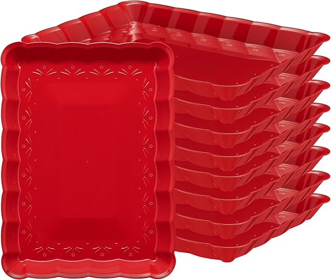 Plasticpro Plastic Serving Trays - Serving Platters Rectangle 9X13 Disposable Party Dish Includes 8 Red Christmas Trays