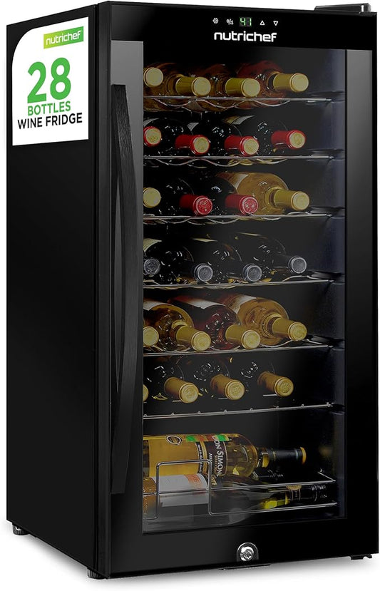 Nutrichef 28 Bottle Wine Fridge | Single Zone Red & White Wine Chiller | Adjustable Temperature 41°F to 64°F | Ultra Quiet Operation | Wine Cooler For Home & Office | Free Standing 33x16x17 IN | Black
