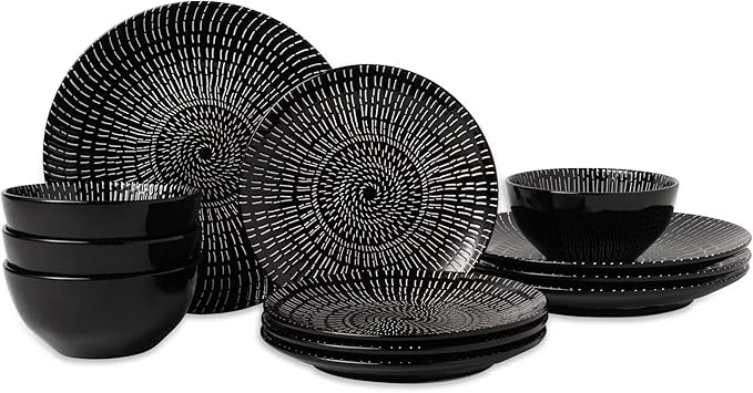 12-Piece Stoneware Dinnerware – Black and White Ceramic Plates and Bowls, Microwave & Dishwasher Safe, Modern Tableware Set_4 dinner plates, 4 salad plates, and 4 bowls