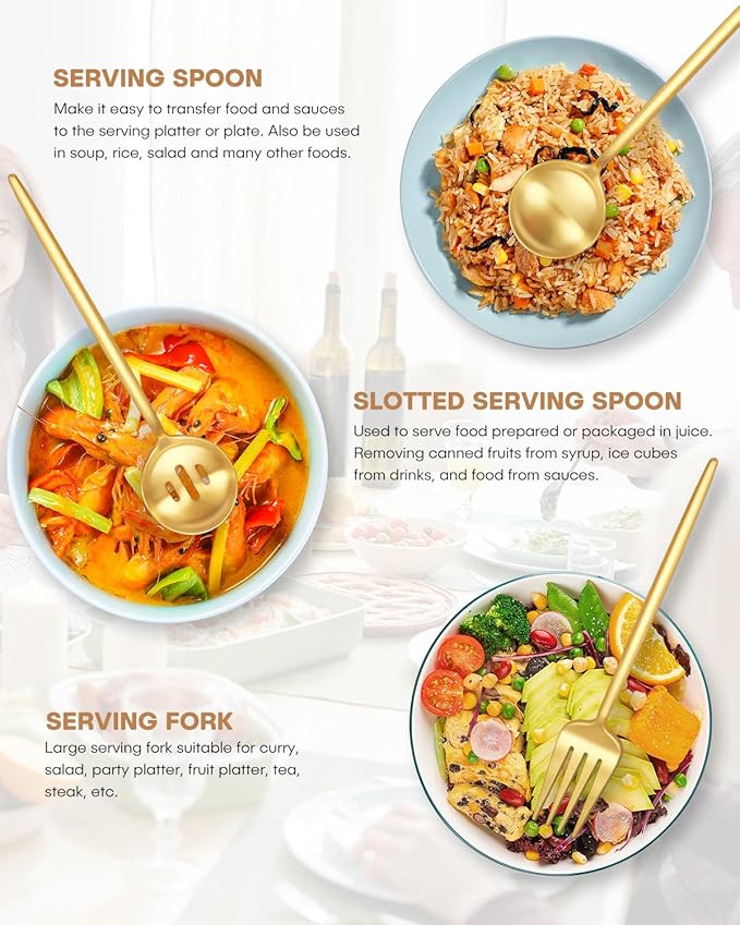 Stapava 5-Piece Matte Gold Serving Utensils Set, Stainless Steel Large Hostess Serving Set for Buffet Party Kitchen Restaurant, Satin Finish, Dishwasher Safe