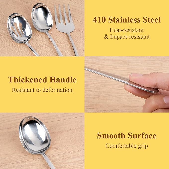 6 Pcs Serving Utensils Set, 11 Inch Silver Serving Utensil with 2xServing Spoons, 2xSlotted Spoons, 2xServing Forks, Stainless Steel Utensil Set for Party Banquet Catering Buffet
