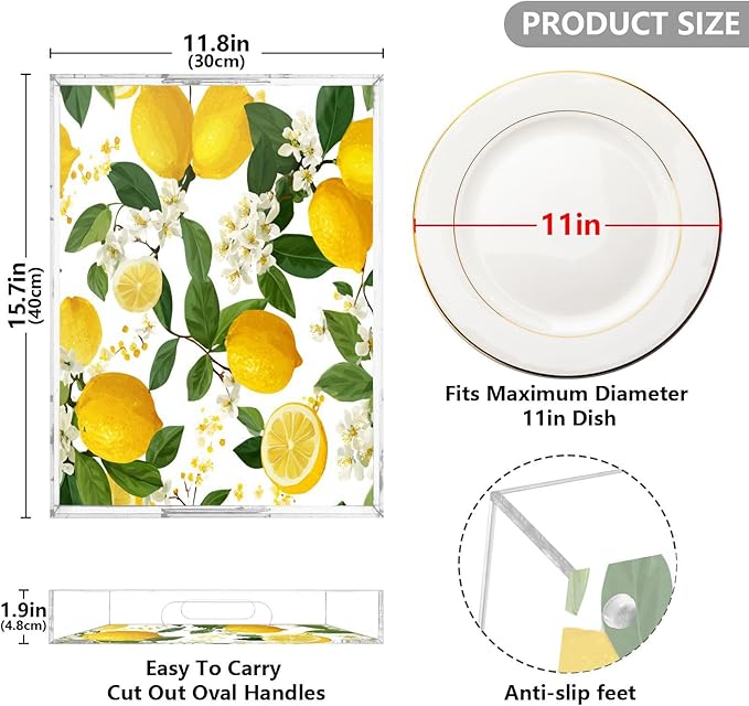 Serving Tray with Handles Clear Acrylic Tray 12x16 Inch Decorative Rectangular Tray Organizer for Ottoman Coffee Table Bathroom Yellow Lemon Flowers