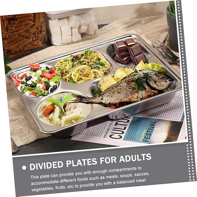 Zerodeko 3pcs Stainless Steel Divided Dinner Plate for Adults Cafeteria Tray Serving Platter Lunch Tray