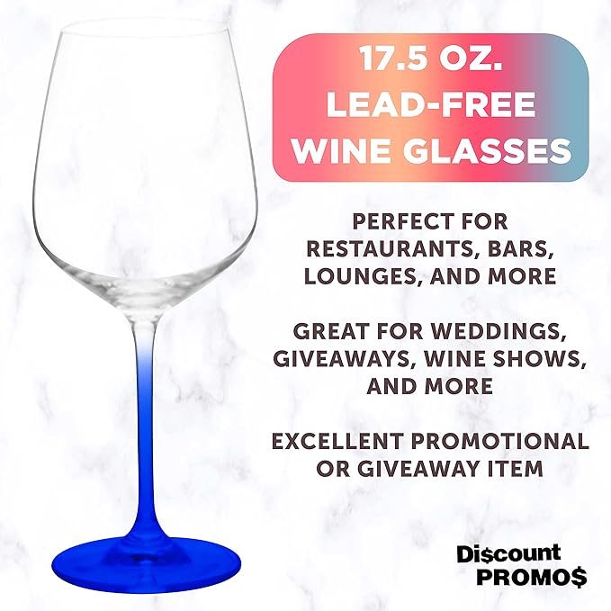DISCOUNT PROMOS Crystal Wine Glasses 17.5 oz. Set of 12, Bulk Pack - Restaurant Glassware, Perfect for Red Wine or White Wine - Blue