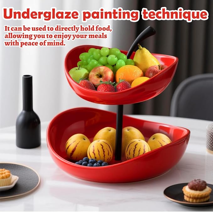 2 Tier Ceramic Fruit Bowl,Red Fruit Plate,Dessert Bowl,7 inch Color contrasting Snack Platefor Living Room Coffee Table Snack Plate Pastry Plate Beauty Salon Fruit Plate Christmas Party