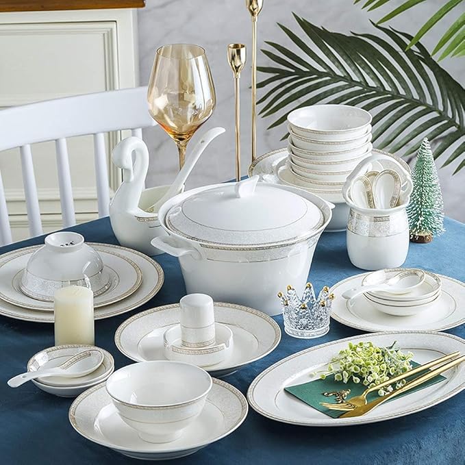 White Round Porcelain Dinnerware Set, Dishes/Plate/Bowl Set, Fine Bone China Dinnerware Sets Clearance, Collection Ceramic Kitchen and Dining Sets for Home,B 56 Pcs Servi-58 Pcs Service for 10