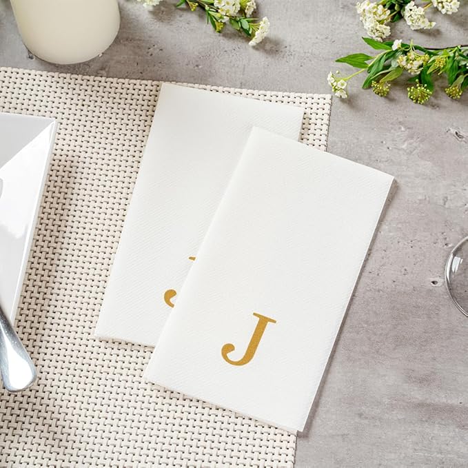 Luxenap 15.8 X 7.9 Inch Linen-Feel Guest Towels, 50 Lettered Hand Towels - Gold Letter 'J', Sans Serif Font, White Paper Dinner Napkins, airlaid, For Restrooms And Tables