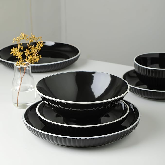 Christian Siriano Lustra Modern 32-Piece Stoneware Dinnerware Set, Plates and Bowls Set, Dinner and Salad Plates, Ramen Bowls, Dishes for 8, Black
