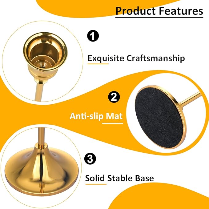 Metal Candle Holders for Candlesticks Taper Candlestick Holders Set Vintage Decorative Centerpiece Candelabra Tall Candle Stands (Gold, 1 Set (3 pcs))