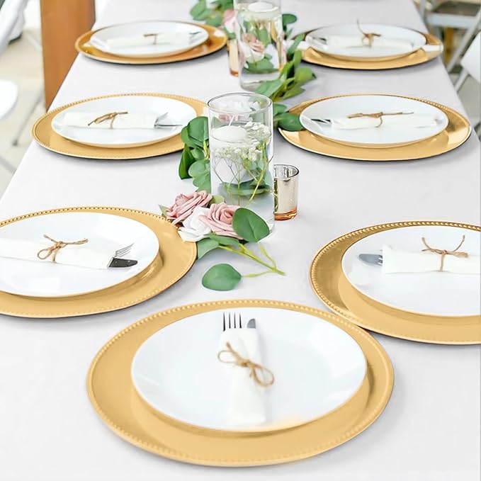 fani 50 Pcs Gold Charger Plates Bulk, 13'' Round Beaded Dinner Charger Plates, Plastic Reusable Vintage Table Decoration for Wedding, Party, Reception, Event, Holiday Supplies