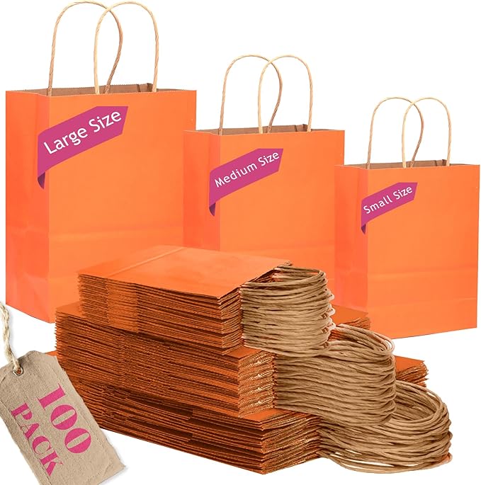 qiqee 100PCS Gift Bag with Handles Bulk Kraft Orange Paper Bags Assorted Sizes (33-Large, 33-Medium, 34-Small)