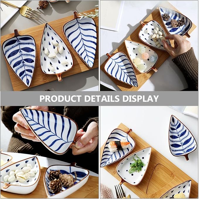 Alipis Creative Japanese Hand-painted Ceramic Dessert Plates Set 3pcs – Small Appetizer Dishes with Leaf and Watergrass Designs for Snacks, Sauces, and Fruit Serving Random Color