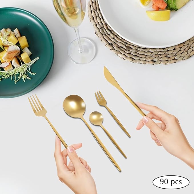90PCS Gold Dinnerware Set, Gold Flatware Cutlery Set, Stainless Steel Utensils Set for Home Restaurant