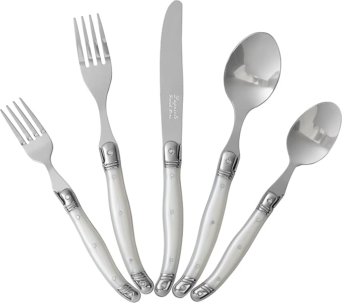 French Home Laguiole 20 Piece Flatware Set – Stainless Steel Flatware Set for 4 – Luxurious Pearl White Utensil Set with Knives, Spoons and Forks