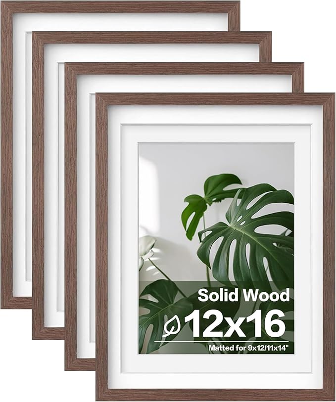Egofine 12x16 Picture Frames Set of 4, Made of Solid Wood Covered by Plexiglass 9x12 and 11x14 with Mat or 12x16 without Mat, for Wall Mounting Photo Frame Brown