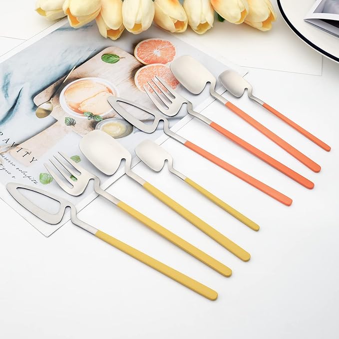 24pcs Household Cutlery Set, Matte Metal 18/10 Stainless Steel kitchen Utensils With Nice Coloured Handles For 6 People, Gift Box Packaged (Yellow Silver)