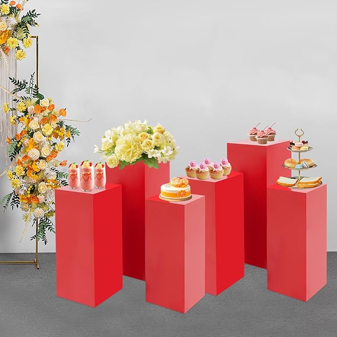 Eapmic Pedestal Stands for Party, Cake Pedestal Stand, Dessert Table Display Plinth Pillars, Sculpture Display Column Decoration Cube for Wedding Birthday (Red, Square-6Pcs(31.49"+25.59"+23.62"))