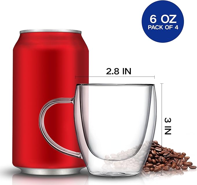 YMMIND Set of 2 Double Walled Glass Coffee Mugs 6 Ounces Insulated Layer Coffee Cups with Handle Borosilicate Glass Espresso Cup for Hot Beverage,Cappuccino,Tea,Latte,Wine,Microwave Safe