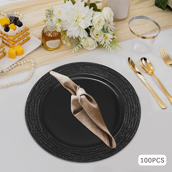 100 Pcs Antique Charger Plates Bulk 13 Inch Embossed Rim Plastic Party Dinner Plate Chargers Round Decorative Server Plate for Wedding Party Event Tableware (100pcs-black3)