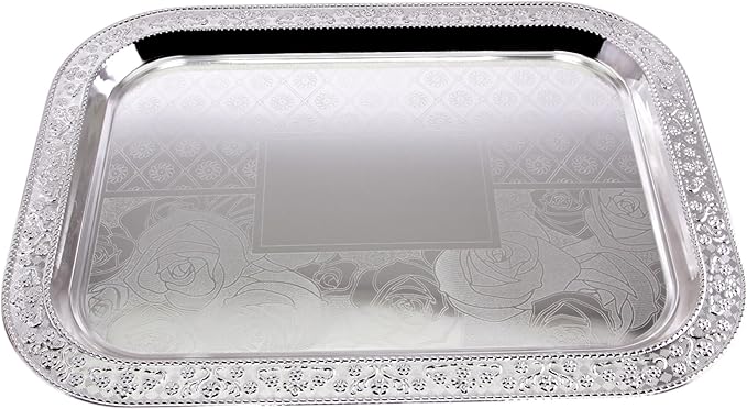 (Pack of 2) 19.1 inch x 14.4 inch Oblong Chrome Plated Serving Tray Stylish Design Floral Engraved Edge Decorative Party Wedding Dessert Buffet Wine Platter Plate Birthday Gift NC-063